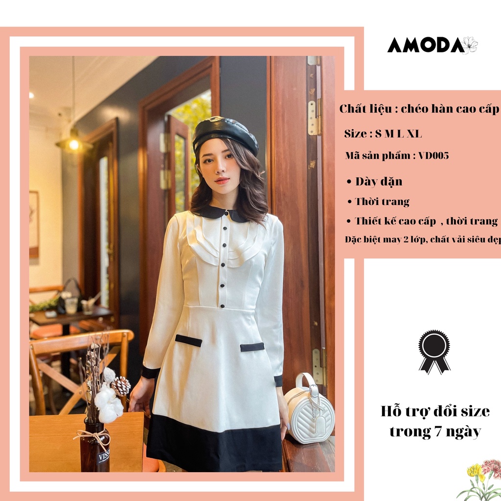 Váy Đầm nữ thiết kế cao cấp tiểu thư trắng phối đen siêu xinh AMODA VD005