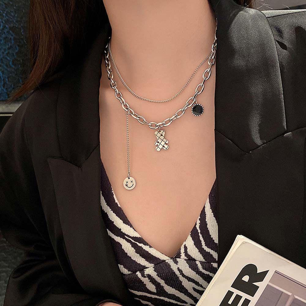 AROMA Vòng Cổ Choker Hai Lớp Mặt Kim Loại Hình Gấu Đơn Giản Phong Cách Hip Hop Cho Nữ