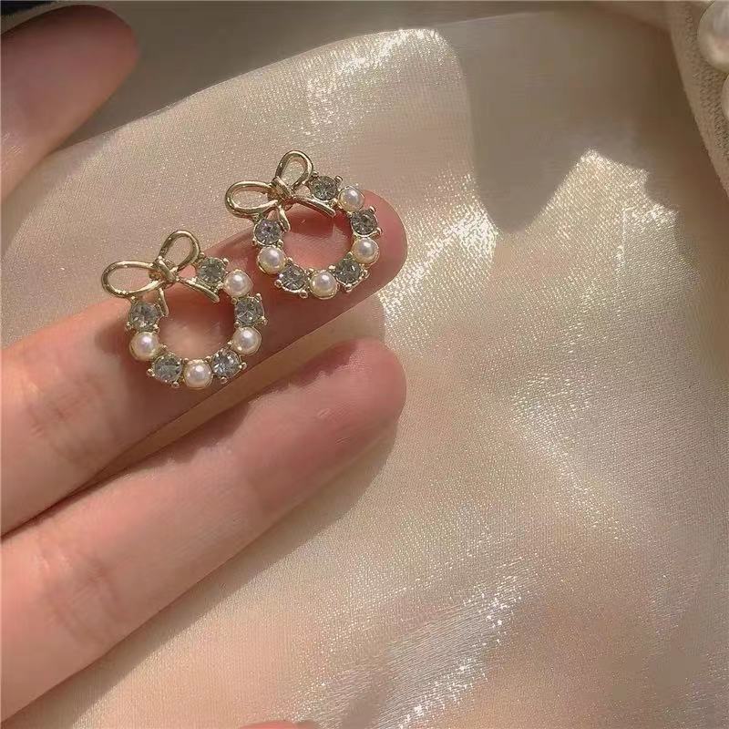 S925 silver metal small pearl bow earrings