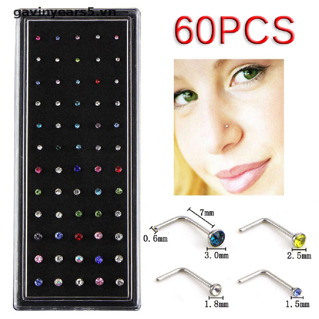 Set 60 Khuyên Mũi Thép Không Gỉ Đính Đá Pha Lê