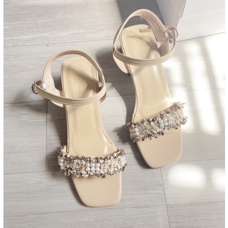 Sandal thổ cẩm đính ngọc gót vuông 3cm tag vàng sang chảnh mã QH18