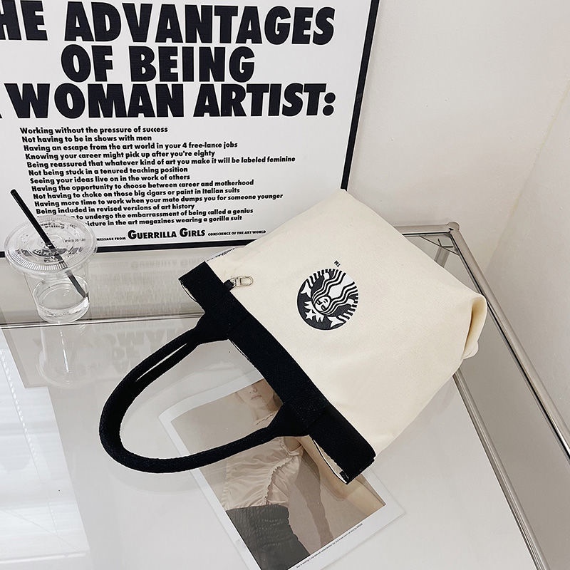 Túi Xách Tote Vải Bạt Siêu Nhẹ Cỡ Lớn In Hình Starbucks Chất Lượng Cao Cho Học Sinh