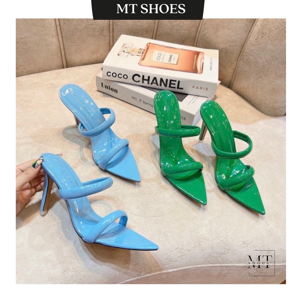 Guốc 2 quai da bóng mũi nhọn gót cao 9F nhiều màu Hot Trend đi chơi, đi tiệc cực sang chảnh