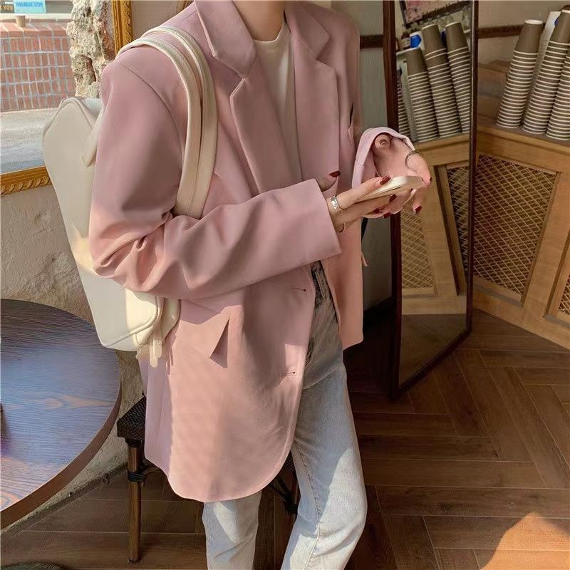 Áo Khoác Blazer Dáng Rộng Màu Hồng Trơn Thời Trang Xuân Thu Hàng Mới Dành Cho Bạn Nữ