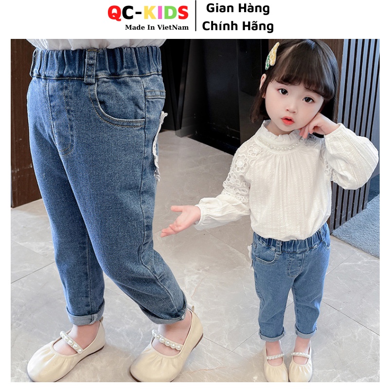 Quần jean bé gái 1 tuổi đến 5 QC-KIDS, Quần bò bé gái túi ren 10-25kg