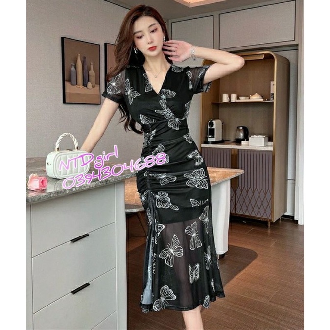 Hàng nhập - Đầm dáng ôm thun lưới đuôi cá, váy body dự tiệc xẻ tà cao nhíu thun