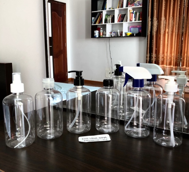 50 chai pet nhựa 500ml chiết mỹ phẩm màu nâu và trong suốt - combo 50 chai nhựa 500ml nhấn nhỏ giọt, xịt sương, nắp bật