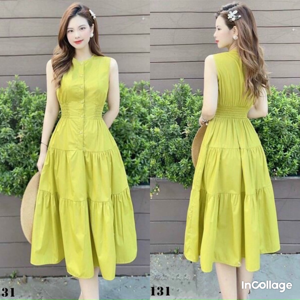 Đầm váy nữ dáng xòe thanh lịch trẻ trung màu xanh bơ tôn da trẻ trung sang trọng siêu xinh