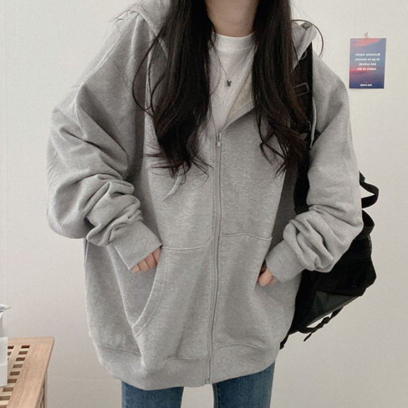 Áo Hoodie Unisex Chất Liệu Nỉ Bông Free Size - Áo Khoác Nữ Kéo Khoá Màu Xám Basic AK007