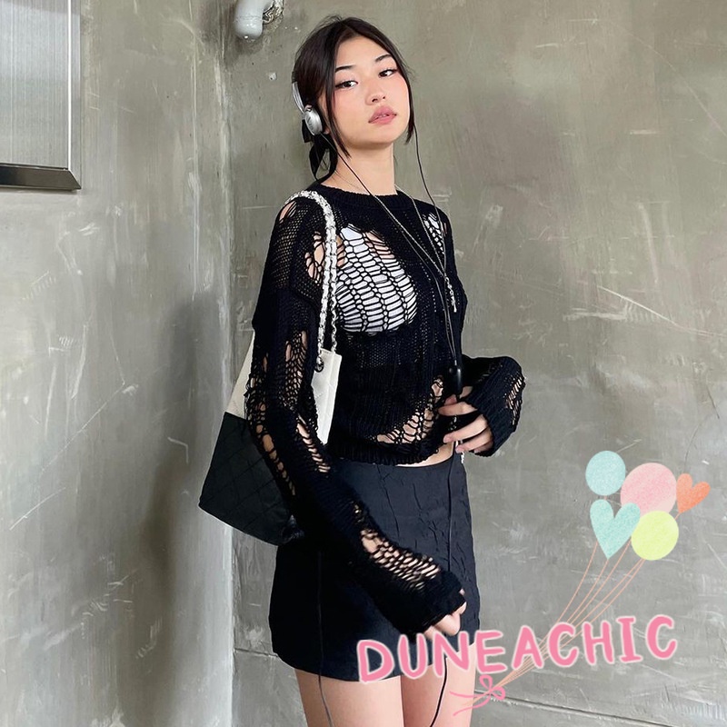 Áo Dệt Kim Khoét Rỗng Dáng Rộng Phong Cách Retro Cho Nữ DUNEA818