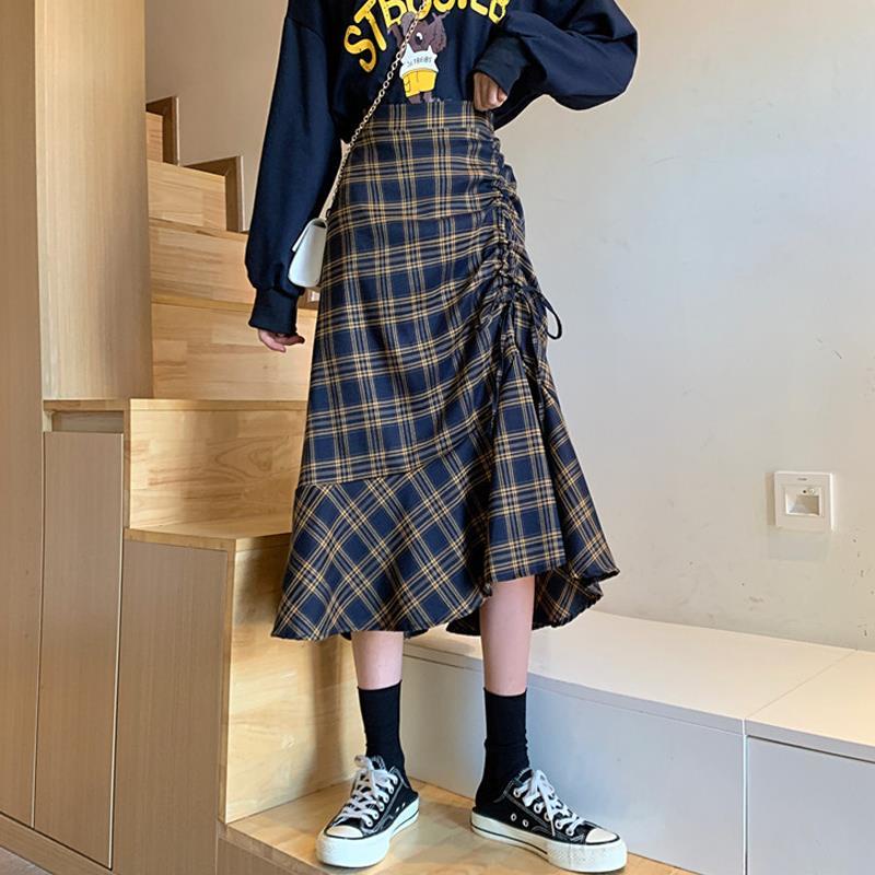 IELGY Chân Váy Chữ A Lưng Cao Họa Tiết Kẻ Sọc Thời Trang Cho Nữ