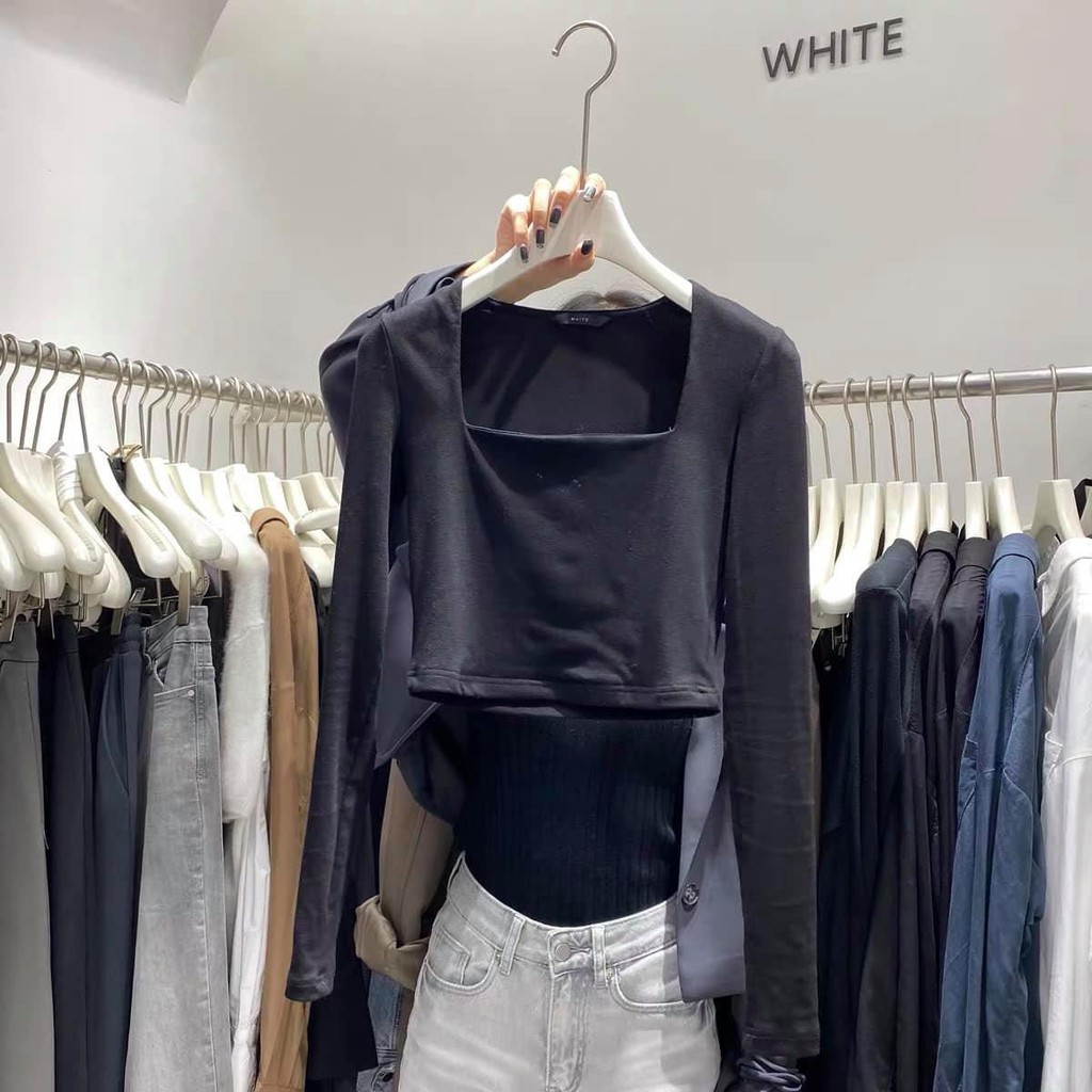 Áo Thun Dài Tay Cổ Vuông THUS Áo Kiểu Croptop Thun Cotton Co Dãn Form Ôm Phong Cách Retro A2A01