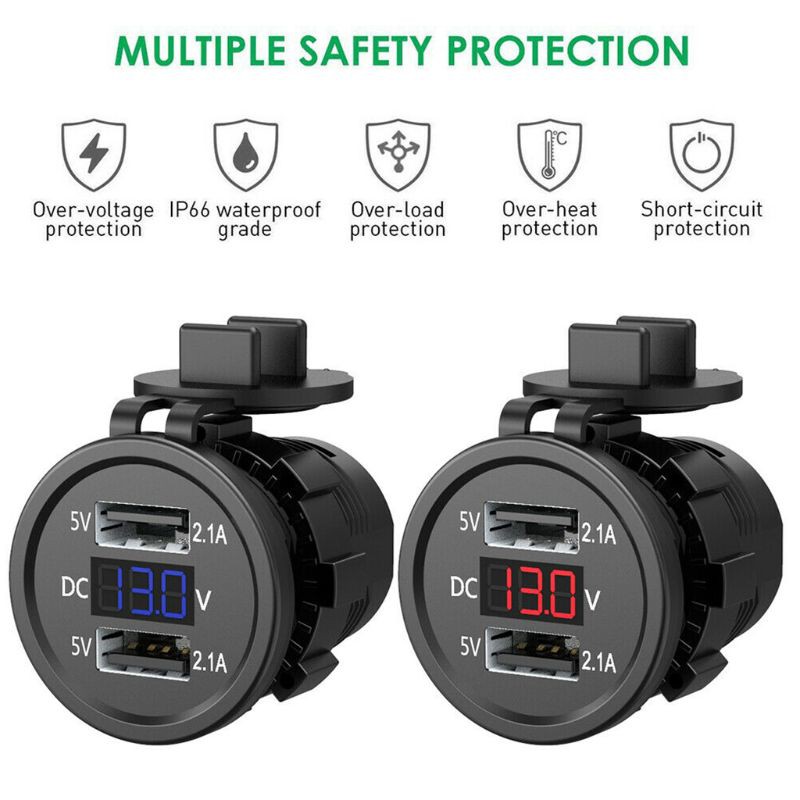 (Hàng Mới Về) Vôn Kế Kế Kép 5v 2.1a Chống Nước Hiển Thị Điện Áp Cho Xe Hơi / Tàu Thuyền 12-24v
