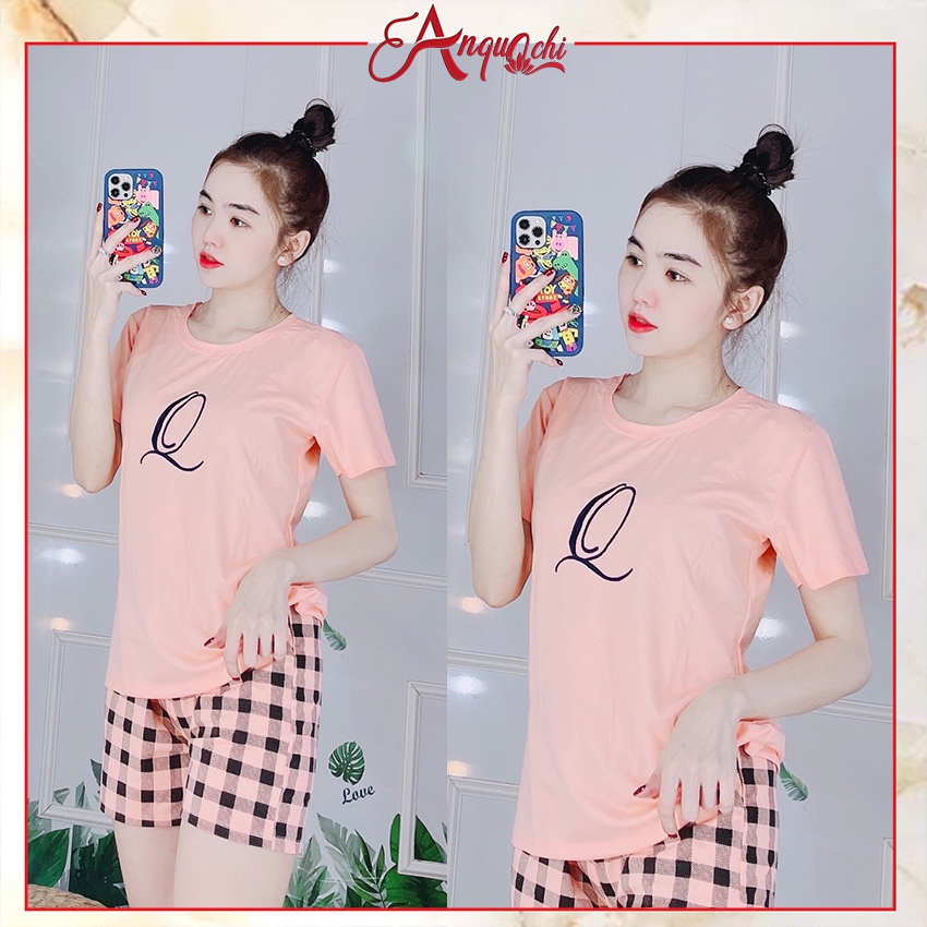 Đồ bộ mặc nhà nữ quần đùi tay ngắn quần caro A064 Anquachi