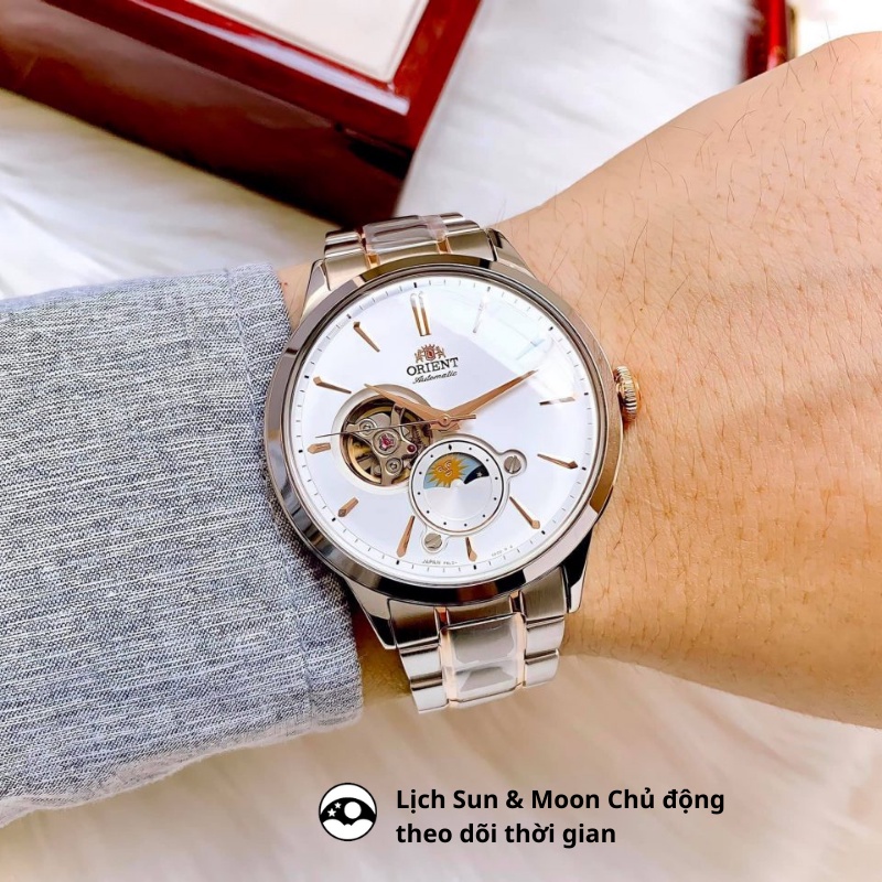 Đồng hồ Orient Sun And Moon Bambino Open Heart RA-AS0101S10B nam máy cơ chống nước kính cường lực dây thép chính hãng