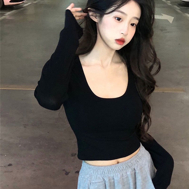 Áo thun YEYA tay dài cổ tròn màu sắc đơn giản tùy chọn dành cho nữ