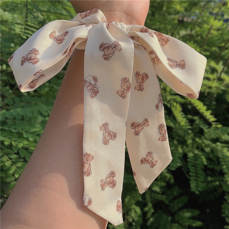 Dây buộc tóc phối nơ thắt nút họa tiết gấu Teddy dành cho nữ