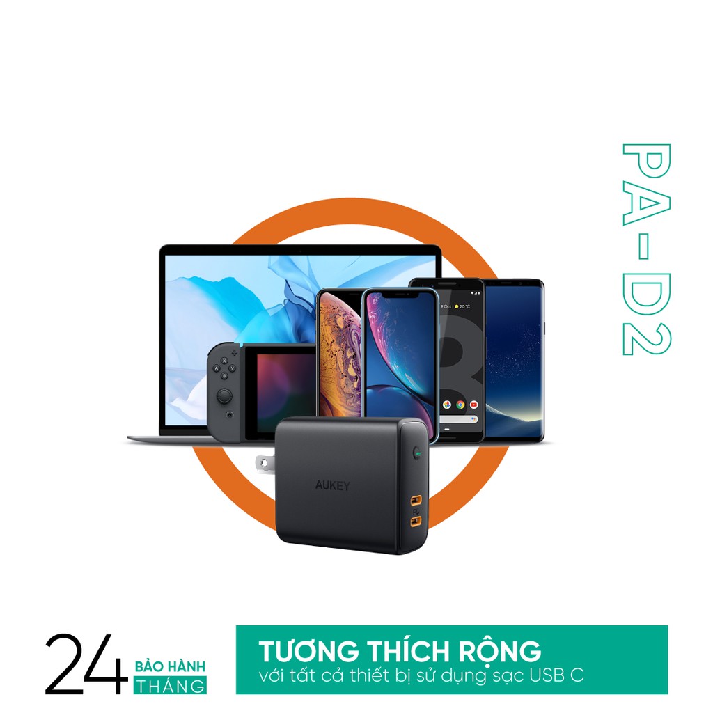 [Mã ELTECHZONE giảm 5% đơn 500K] Cốc Sạc Nhanh 2 Cổng PD 36W AUKEY PA-D2, Công Nghệ Dynamic Detect - Hàng Chính Hãng