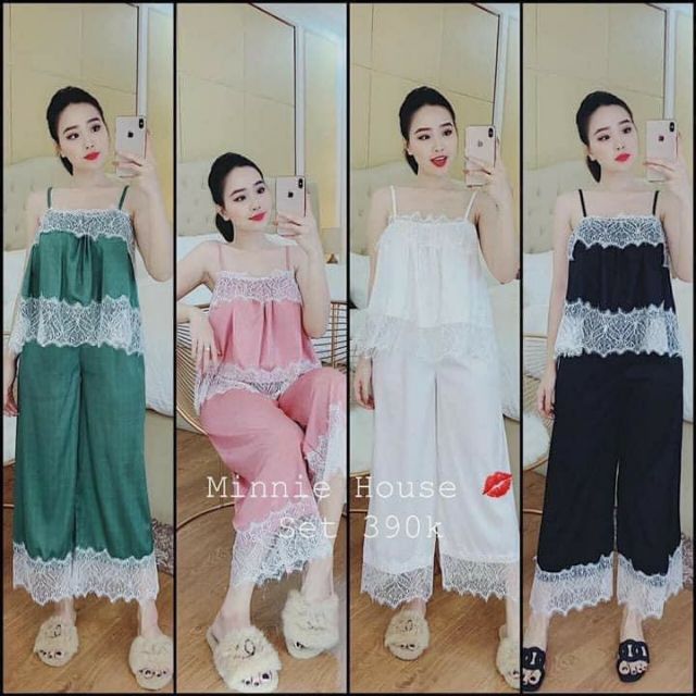Bộ ngủ lụa 2 dây ren