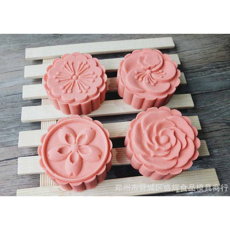 Khuôn trung thu lò xo 4 mặt hoa Đào Hồng 50g - 125g