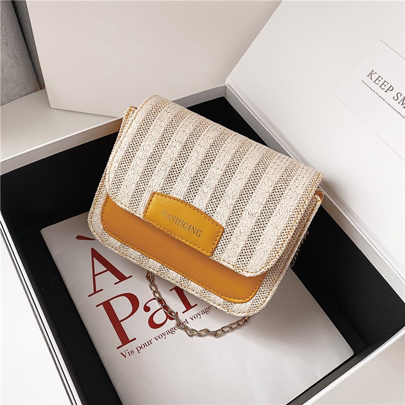 Túi Cói Đeo Chéo Thiết Kế Nhỏ Nhắn Phối Dây Xích Thời Trang Cao Cấp Cho Nữ