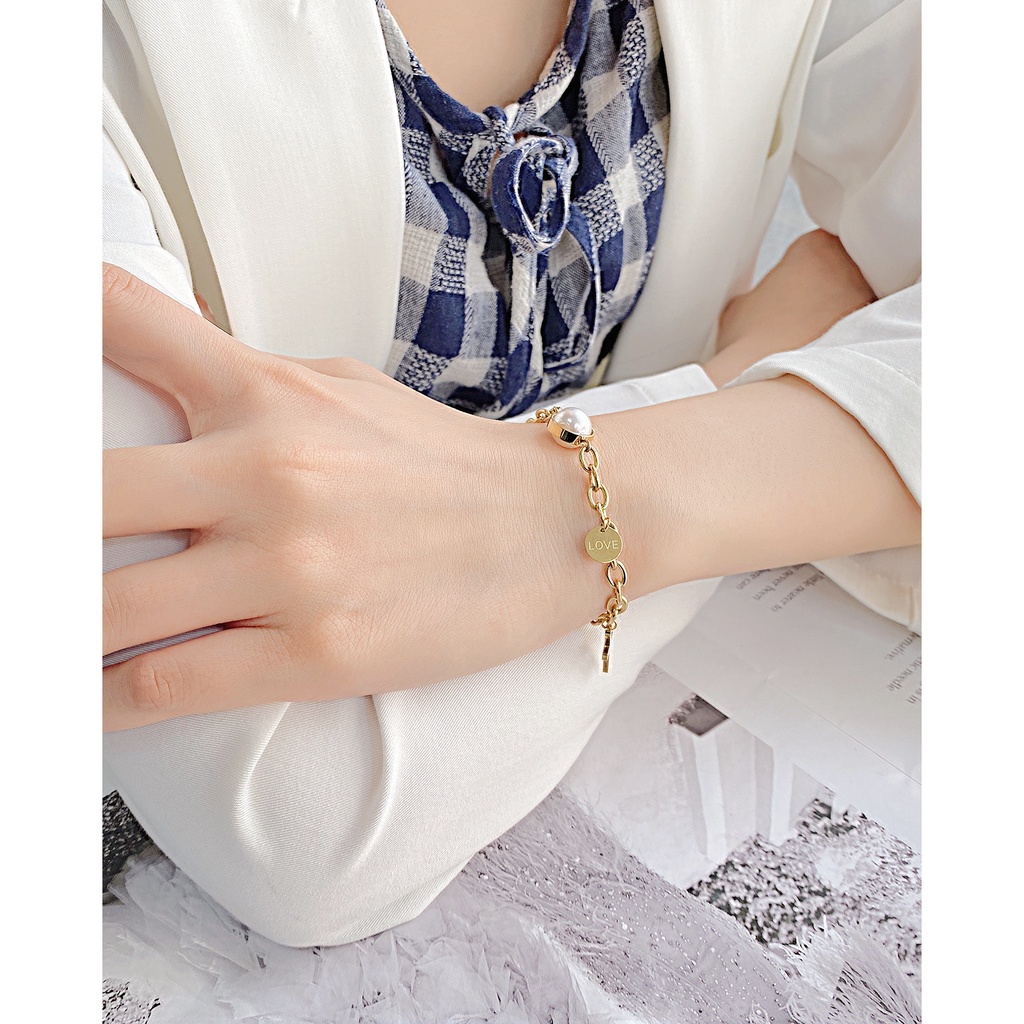 Vòng Tay Ngọc Trai Bằng Thép Không Gỉ Sang Trọng Cho Nữ