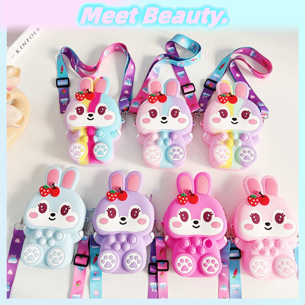 Kids Pop It Túi Đeo Chéo Bằng Silicon Hình Thỏ Dâu Tây Đồ Chơi Giảm Căng Thẳng Cho Bé Gái
