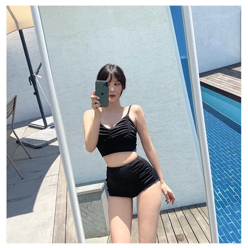 [HÀNG QUẢNG CHÂU] Bikini 2 mảnh lưng cao màu đen áo nhún ngực cá tính | BigBuy360 - bigbuy360.vn