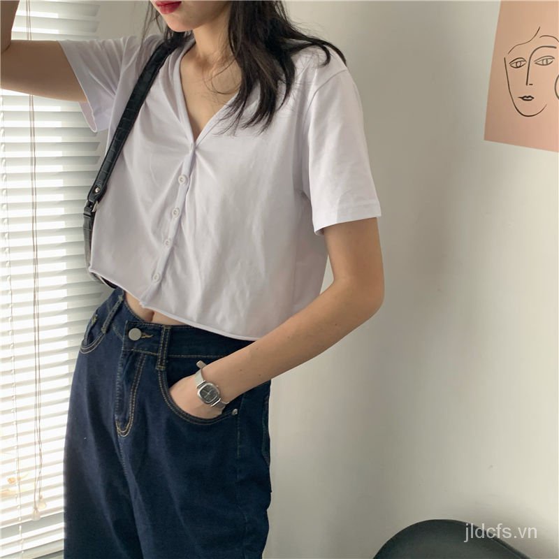 Summer Korean Version ofchichfAll-match Casual Loose Slimming Navel Short StyleVCollar Cardigan Short-SleeveTT-shirt Top Women's