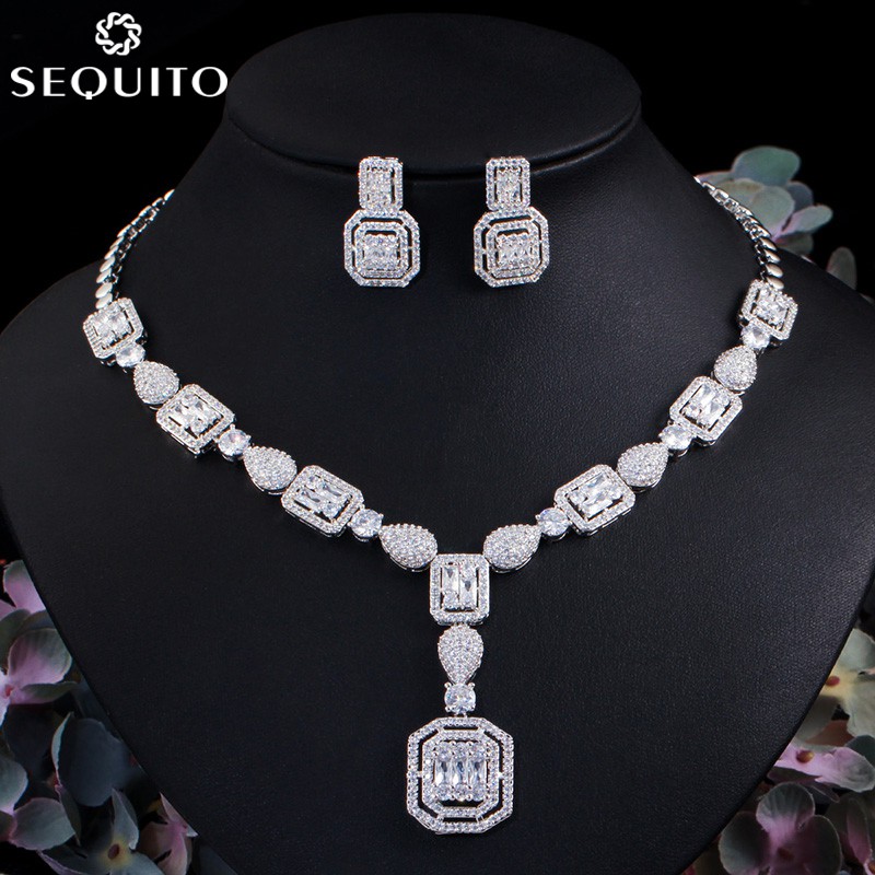 Sequito set Vòng cổ Và Bông Tai Đính Đá Zircon js096 Phong Cách Cổ Điển Cho Nữ