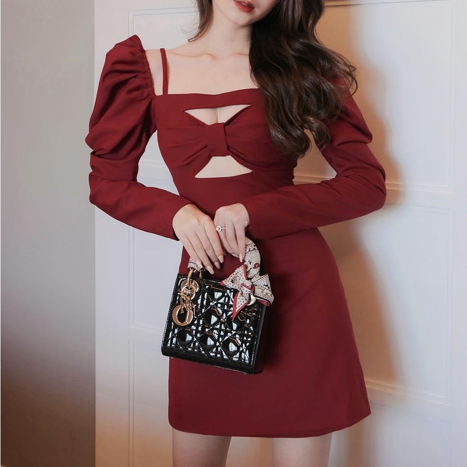 Đầm ôm body hai dây đính nơ ngực thiết kế đi tiệc sang trọng