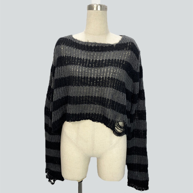 Áo sweater dệt kim cổ tròn tay dài họa tiết kẻ sọc phong cách Gothic punk Harajuku cho nữ