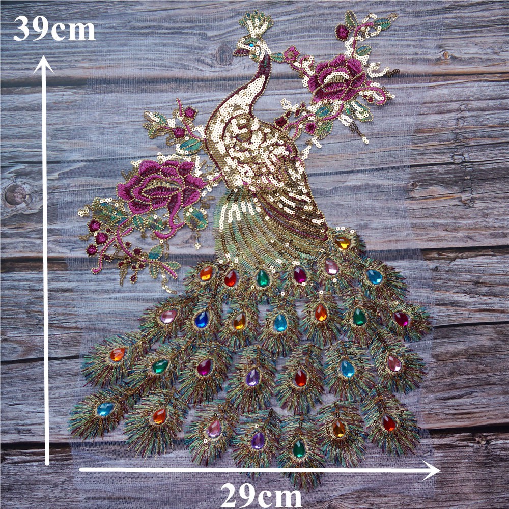 Miếng Vải Ren Thêu Hình Chim Công Đính Kim Sa Cầu Vồng Dùng Trang Trí Cổ Áo Cưới