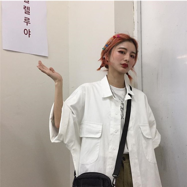 Áo Sơ Mi Dáng Rộng Phối Túi Lớn Màu Trơn Thời Trang Harajuku Cá Tính Cho Nam Và Nữ