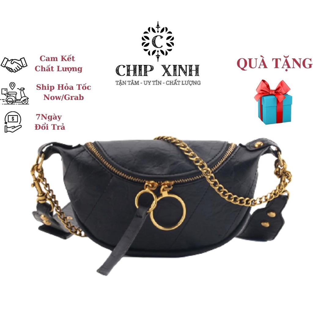 Túi bao tử đeo chéo trước ngực, Túi đeo chéo nữ đi chơi Cnk khóa tròn da PU siêu cấp DC07