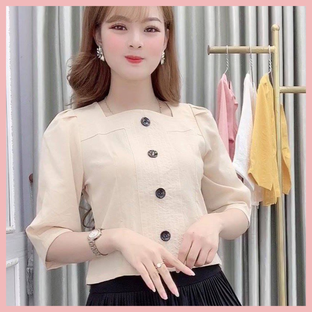 Áo Sơ Mi Nữ Kiểu Công Sở Cổ Chữ U Tay Lỡ Kiểu Hàn Màu Hồng Trắng Be vàng - Hanlly Fashion Thời Trang Nữ - AM26