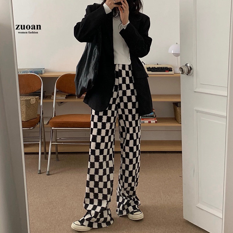SUXI Quần dài ống rộng họa tiết caro thời trang phong cách Hàn Quốc cho nữ