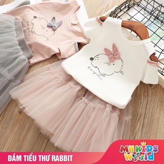 Đầm tiểu thư cho bé gái 3-9 tuổi áo thun hình thỏ đính nơ dễ thương