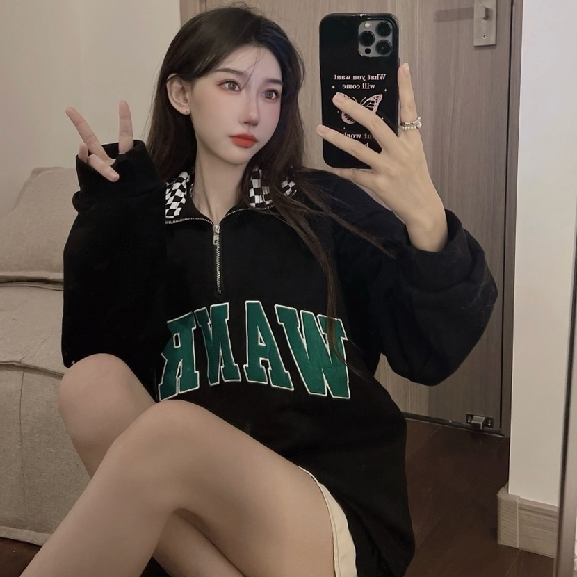 GENAISHA Áo Sweater Cổ POLO Có Khóa Kéo Phối Màu Sắc Tương Phản Phong Cách Hàn Quốc Thời Trang Cho Nữ