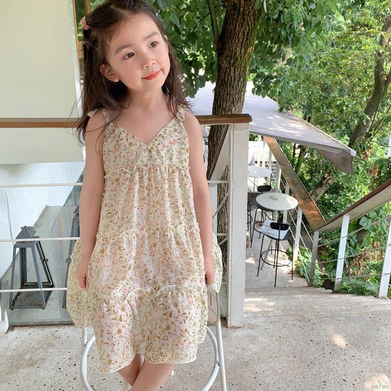 Đầm công chúa hai dây cổ chữ v in họa tiết hoa thời trang mùa hè cho bé gái 3-8 tuổi