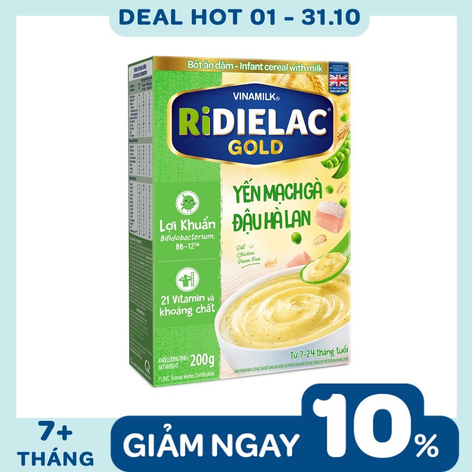 Bột Ăn Dặm RiDielac Gold Yến Mạch Gà Đậu Hà Lan - Hộp Giấy 200g