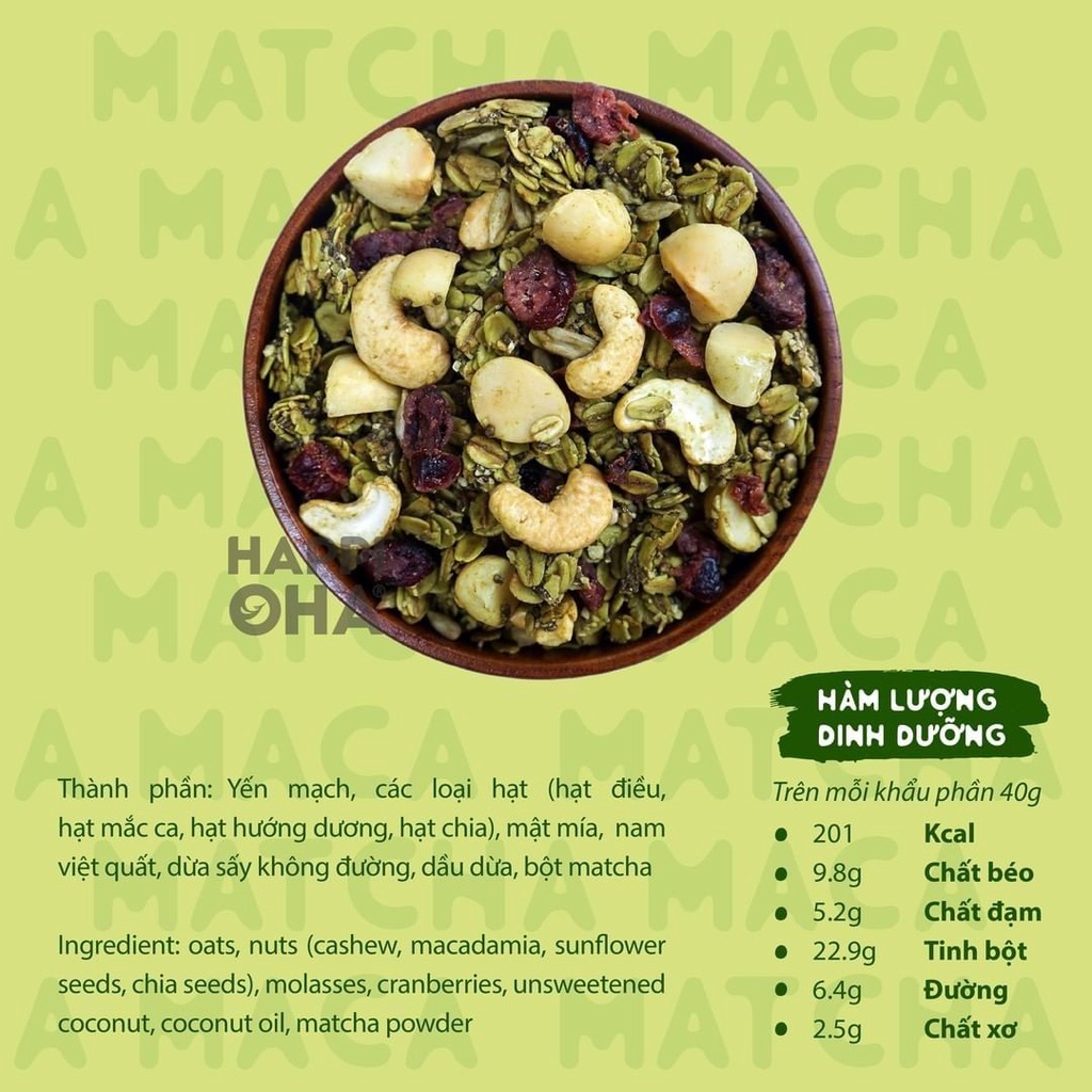 Granola Matcha Maca HAPPIOHA - Ngũ Cốc Ăn Sáng/Ngũ Cốc Ăn Kiêng Không Đường Tinh Luyện Vị Matcha 40g