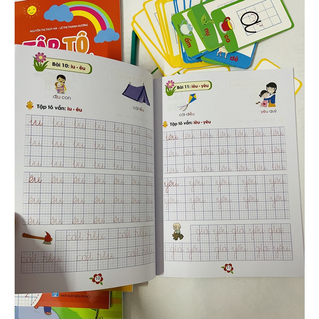Tặng kèm thẻ học chữ và số + 1 bút chì - Bộ tập tô chữ cái, số đếm, vần, các nét cơ bản cho bé