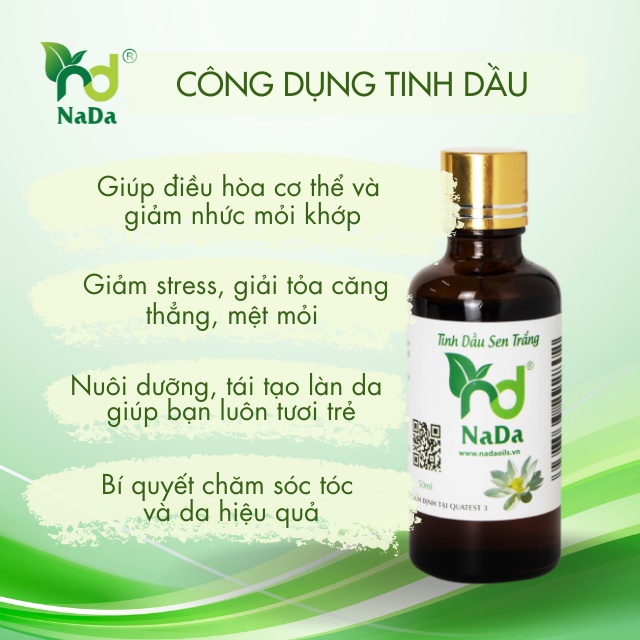 Tinh dầu Sen trắng nguyên chất Nada | Kiểm định QT3 | Thư giãn, dễ ngủ, hỗ trợ thiền, giảm stress.