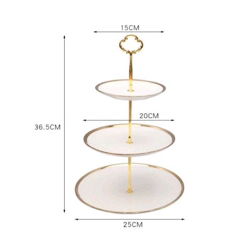 Khay bánh sứ viền mạ vàng 3 tầng bày bàn tiệc, khay bánh sứ 3 tầng, trang hoa quả bánh kẹo trang trí phòng bếp