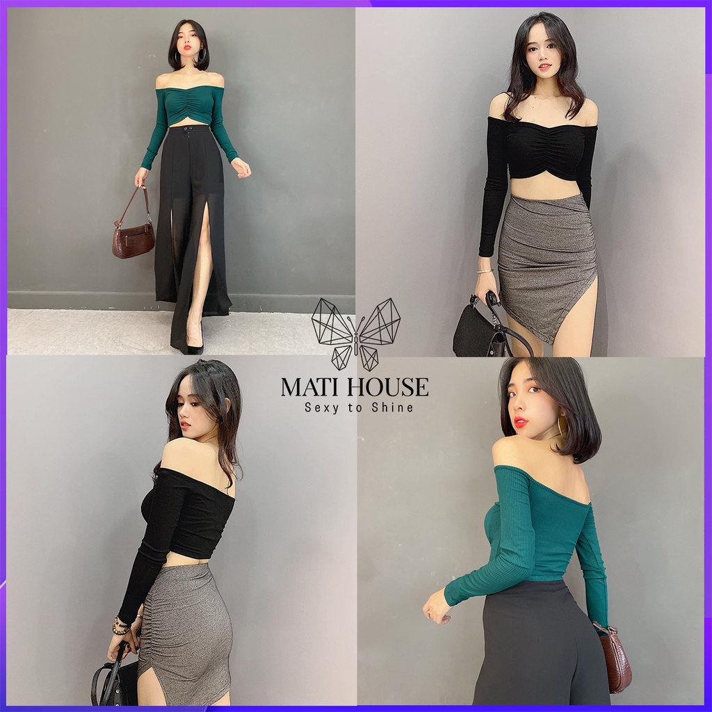 Áo CropTop Kiểu Bẹt Vai Tay Dài Ôm Body Nữ Trễ Vai Sexy Chất Thun Gân  Co Giãn Tốt Mati - YA044160