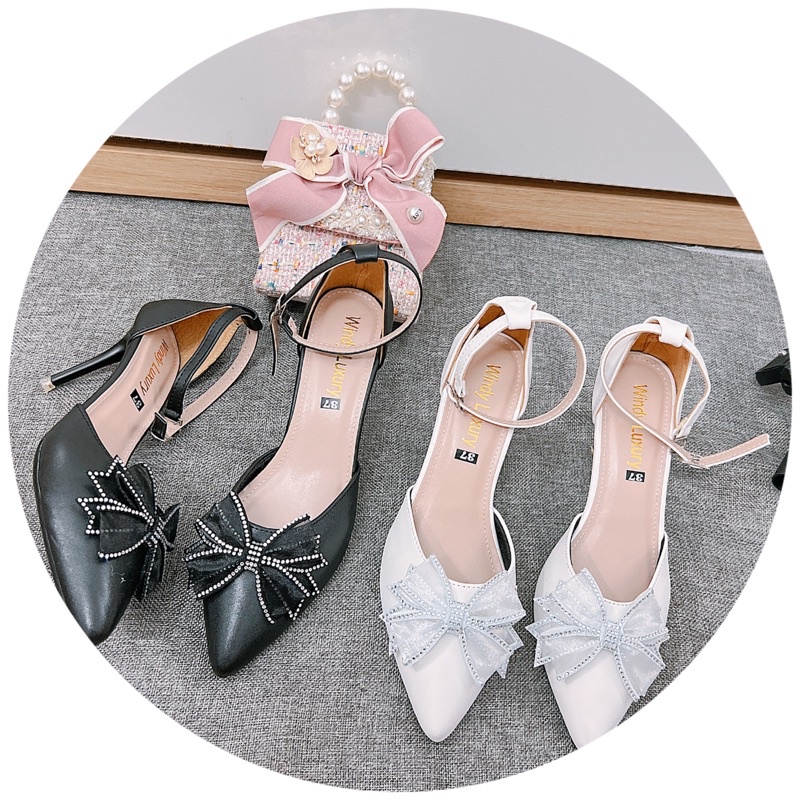 Giày cao gót Sandal nữ quai hậu nơ đá cánh tiên xinh Xuất sắc cao 8p
