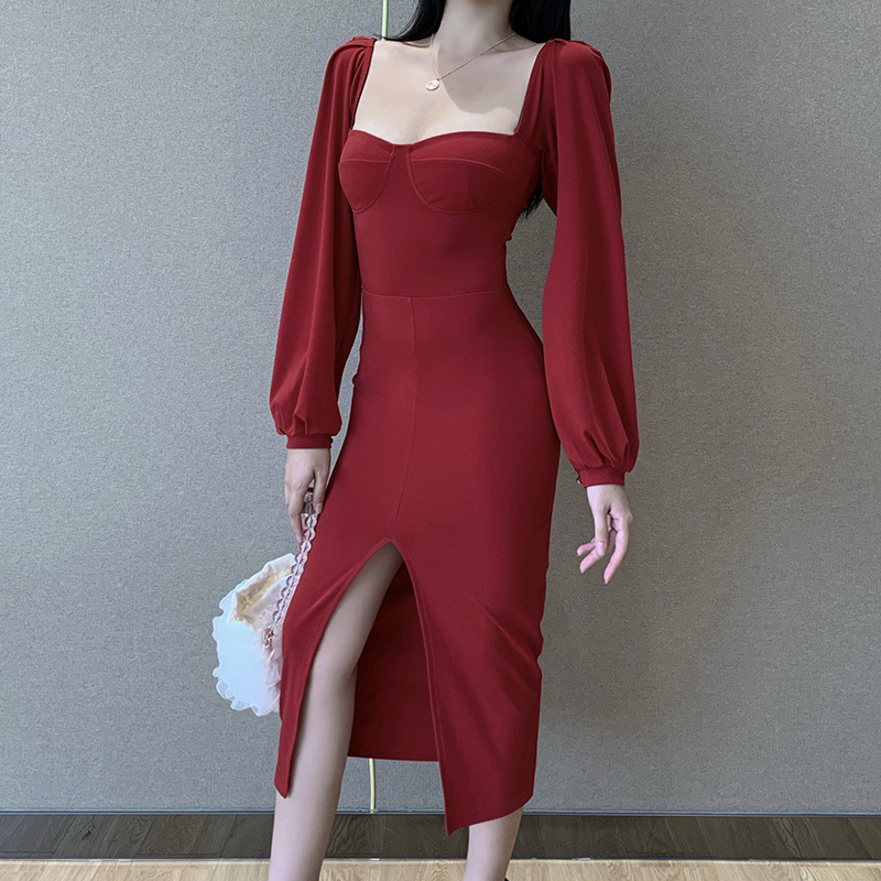 Fashion Women Slim Square Neck Plain Long Sleeve Split Party Elegant Midi Dress
