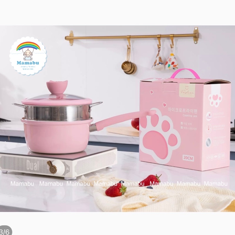 Bộ Nồi Kèm Xửng Hấp Cho Bé Ăn Dặm Hình Mèo Fashion Baby Cat Chống Dính Cao Cấp Dùng Được Mọi Loại Bếp Mamabu