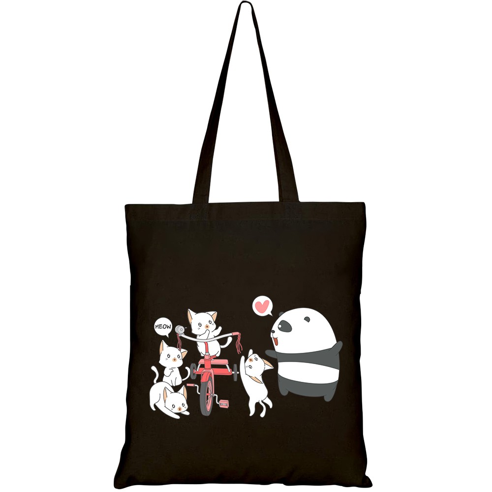 Túi vải tote canvas HTFashion in hình kawaii panda cats with tricycle cartoon style HT189